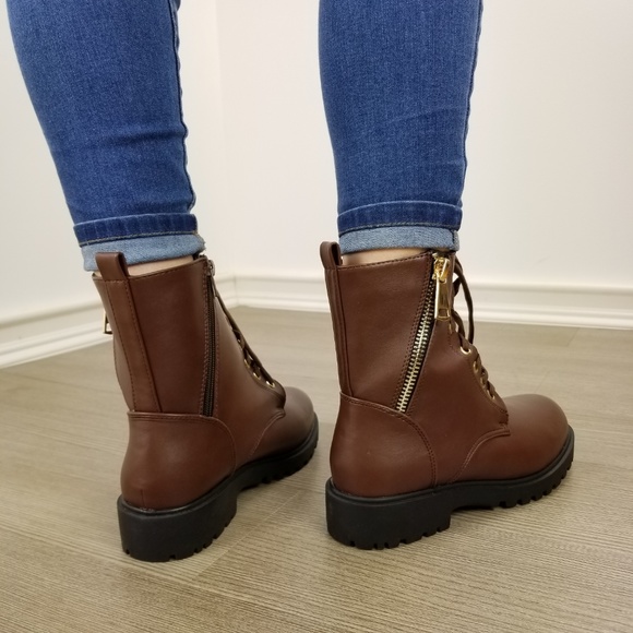 Faux leather brown laced up combat boots - Picture 4 of 8